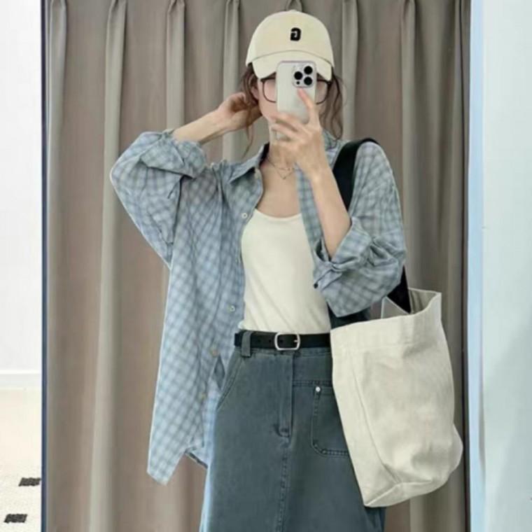 간절기 체크 데일리 남방 셔츠 루즈핏 자외선 차단 여성