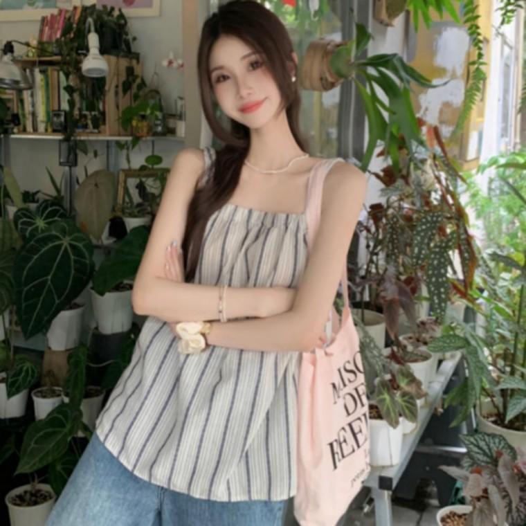민소매 여성 나시 스트라이프 플레어 블라우스 민소매 상의