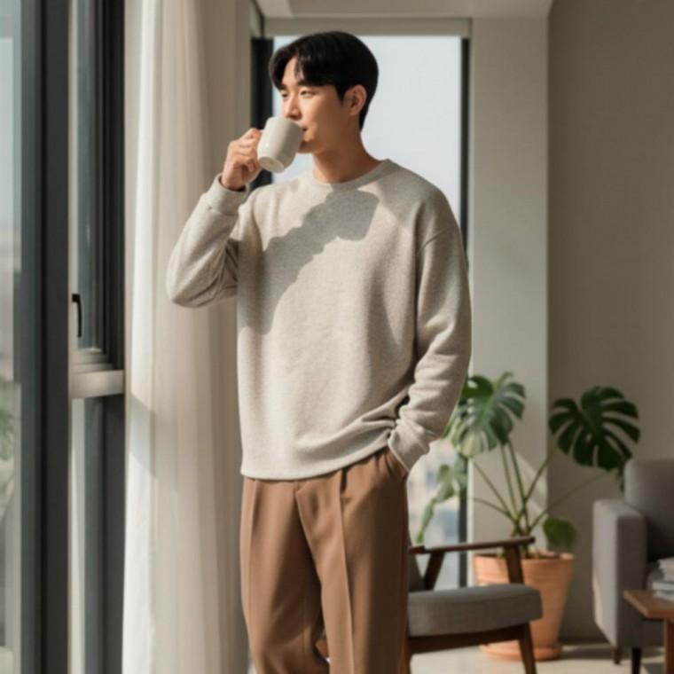 리브드 긴팔티 골지 남성 무지 티셔츠 베이직 스트링
