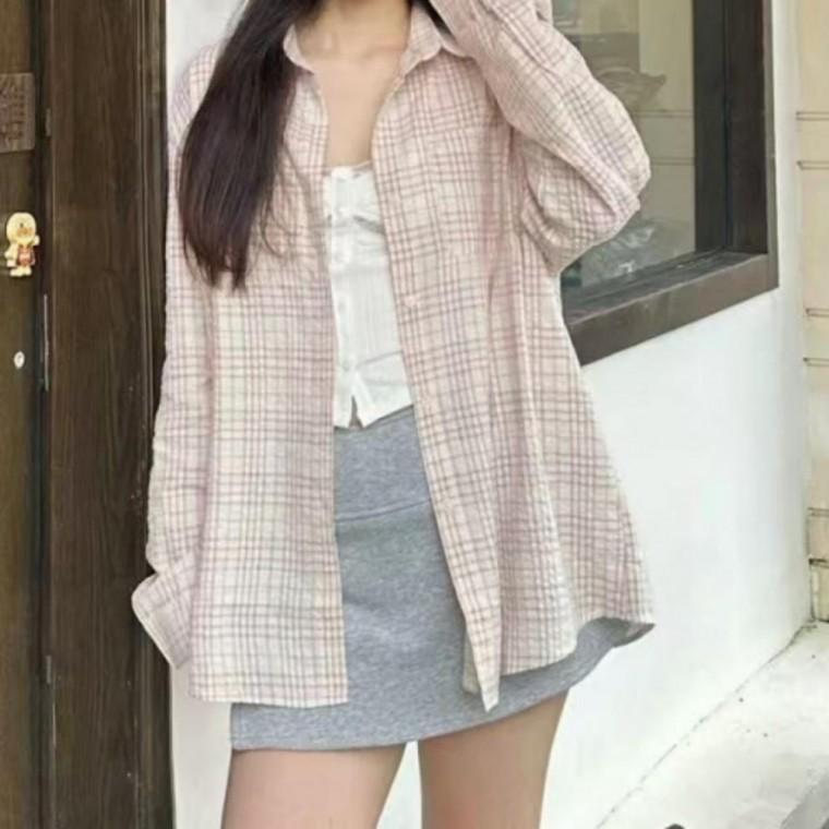 여성 가을 아우터 체크 남방 체크 파스텔 루즈핏 셔츠
