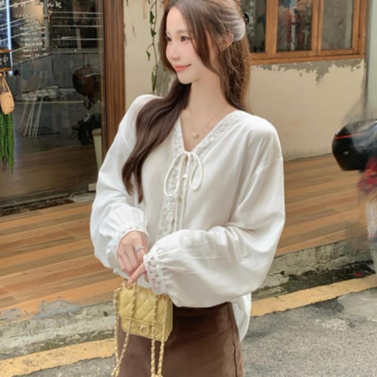 상의 블라우스 긴팔 브이넥 리본 여성 카라 페미닌 레이스