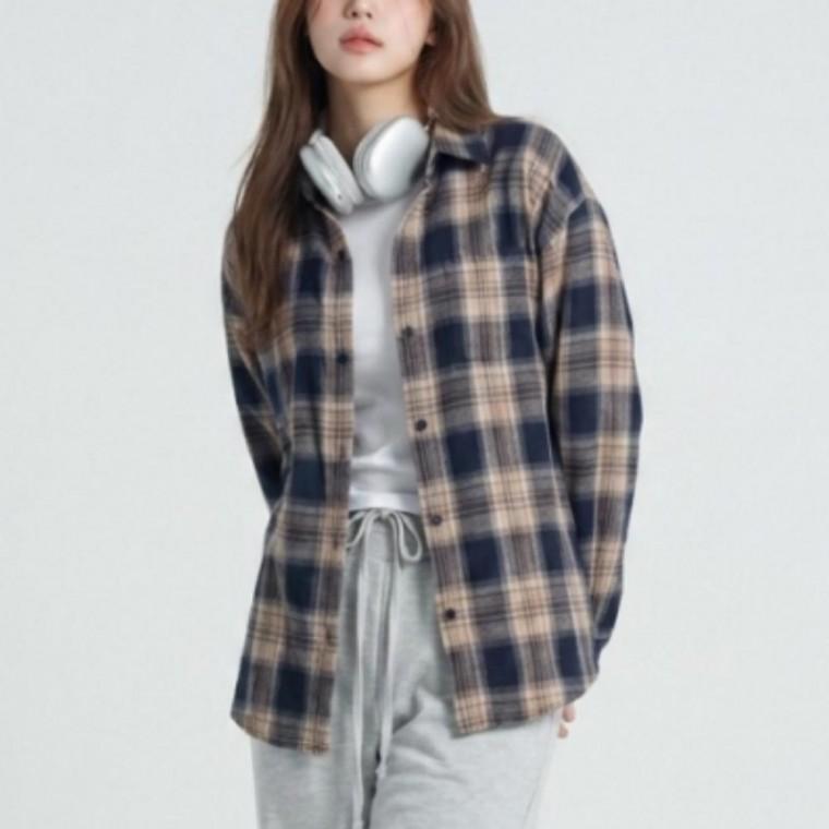 가을 롱남방 상의 체크 클래식 루즈핏 여성 셔츠 긴팔 오버핏
