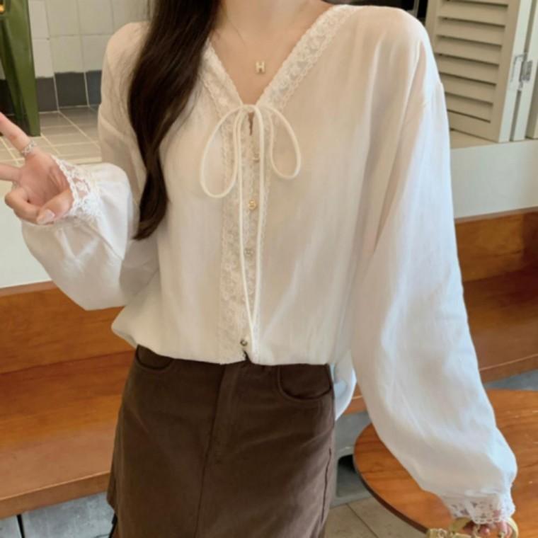 레이스 리본 카라 브이넥 긴팔 셔츠 블라우스 여성 상의