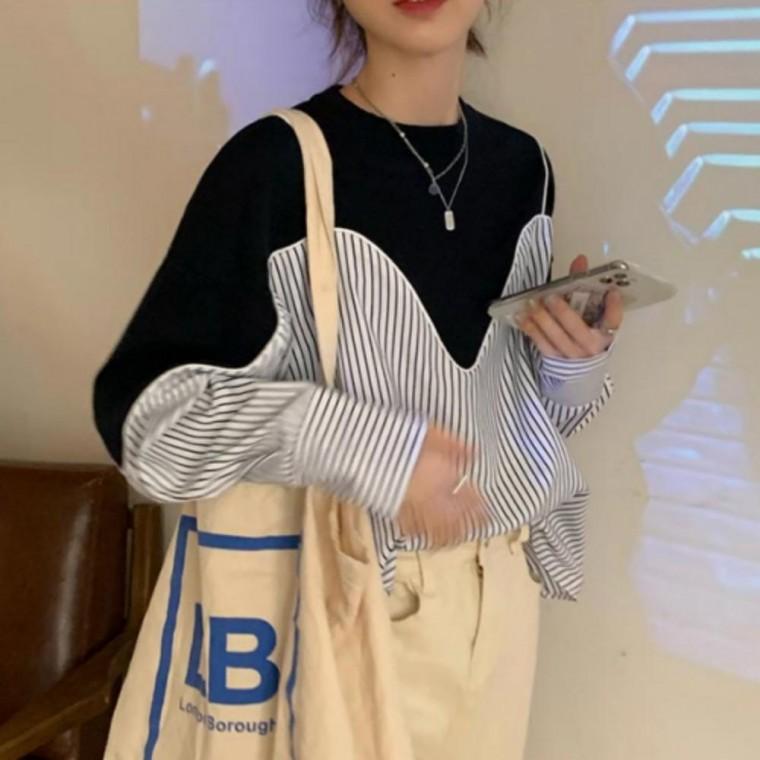 언발 배색 스트라이프 셔츠 여성 루즈핏 레이어드 모던 블라우스