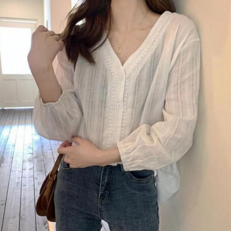 거즈면 브이넥 블라우스 여성 긴팔 루즈핏 여름 내추럴 상의
