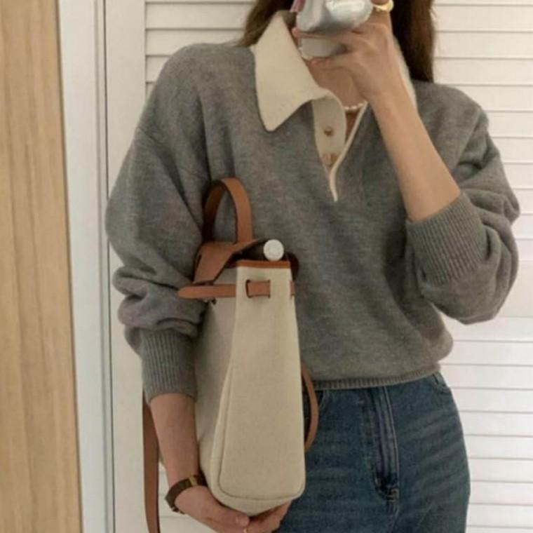여성 오버핏 클래식 배색 카라 긴팔 숏 캐주얼 니트 티셔츠