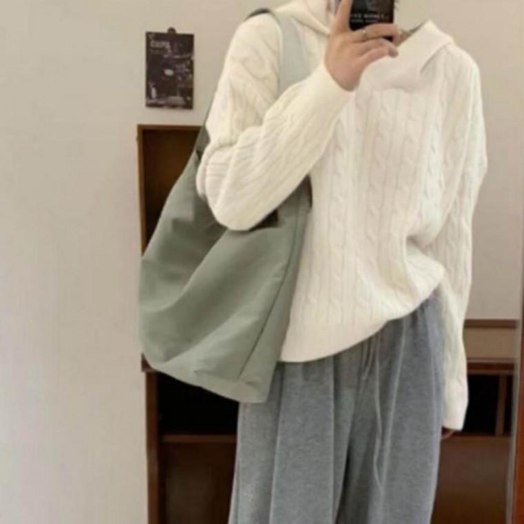 여자여행룩 루즈핏 겨울 데일리 케이블 후드 니트 티셔츠