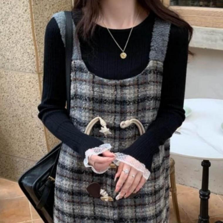 여자 레이스 배색 슬림 여리핏 긴팔 니트 탑 레이어드 티셔츠