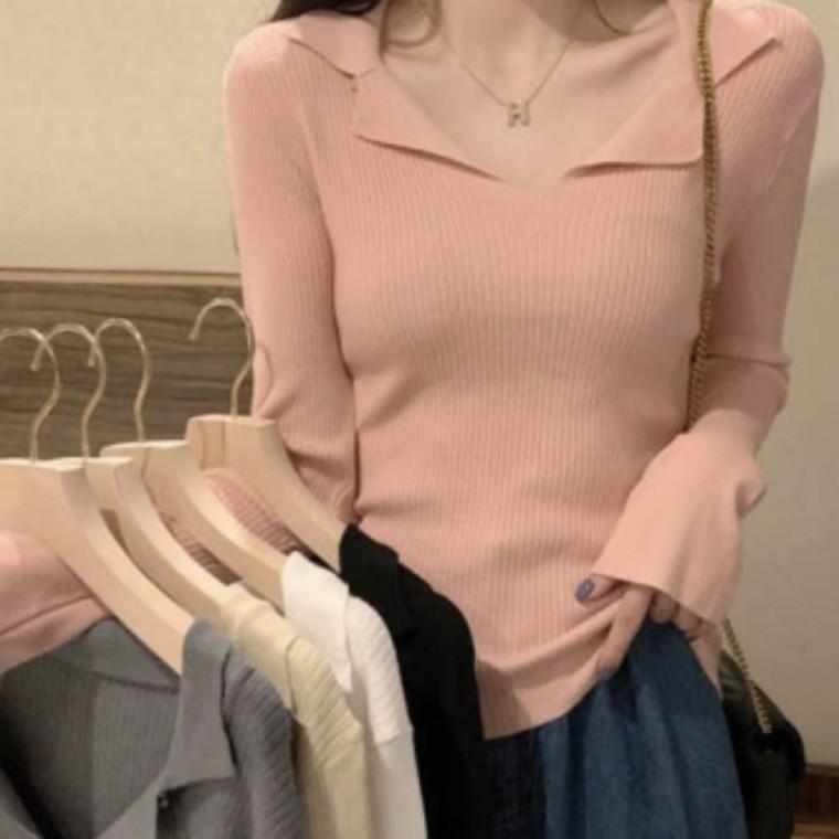 여성 슬림핏 골지 카라 브이넥 브 이넥 간절기 을 겨울 니트