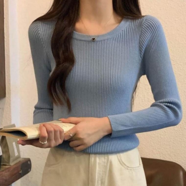여성 데일리 기본 슬림 골지 라운드넥 긴팔 니트