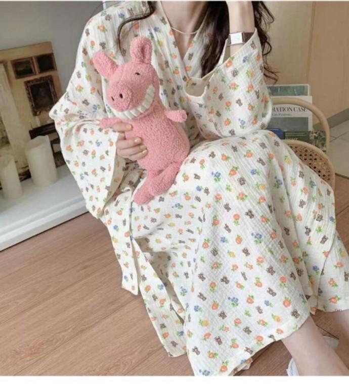 요루면 잠옷 세트 가운 여성 파자마 패턴 홈웨어 로브 긴팔