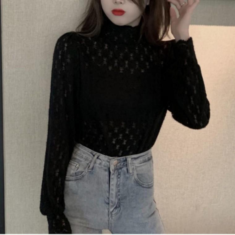 소매 여성 레이스 블라우스 2컬러 망사 러플 반목 이너 티셔츠