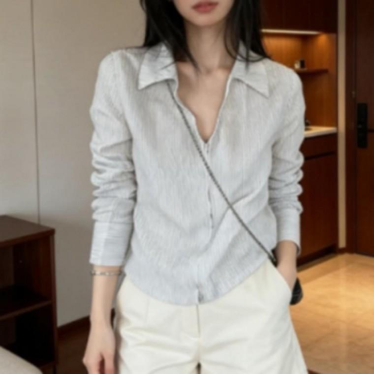 캐주얼 남방 긴팔 스트라이프 상의 카라티 셔츠 여성 집업 카라