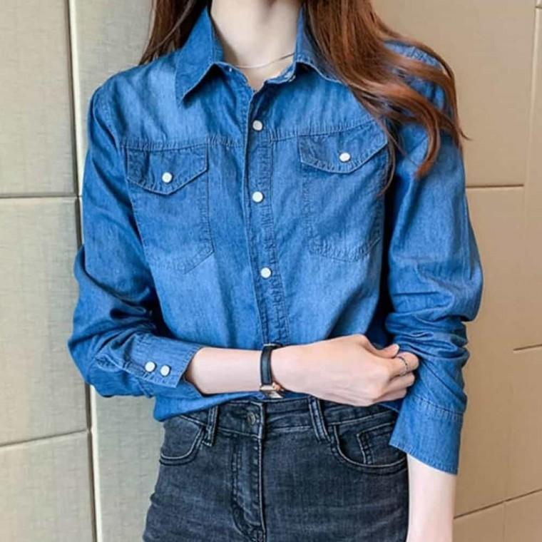 오버핏 워싱 데님 긴팔셔츠 여성가을셔츠 여성청셔츠 여자데님셔츠 긴팔데님셔츠