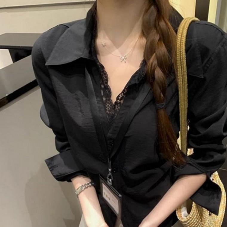 루즈핏 여성 이너 레이스 블라우스 라운드넥 심플 시스루 상의