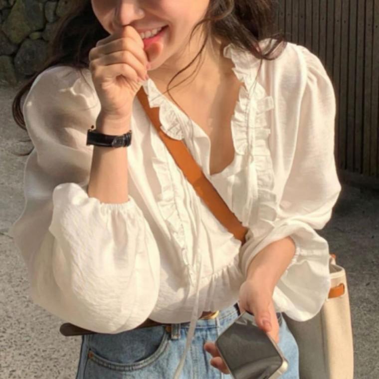 핀턱 셔링넥 긴팔 블라우스 여성 러블리 카라 셔츠 데일리 상의