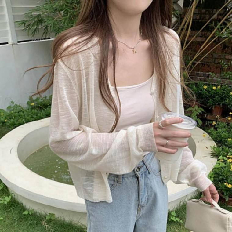 여성 시스루 브이넥 화이트 긴팔 가디건 봄가을 아우터