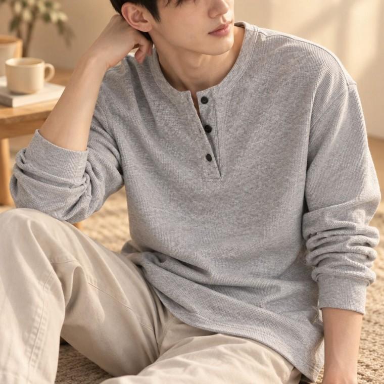 루즈핏 이너티 와플긴팔티 3컬러 남성 헨리넥 티셔츠 남자쭉티