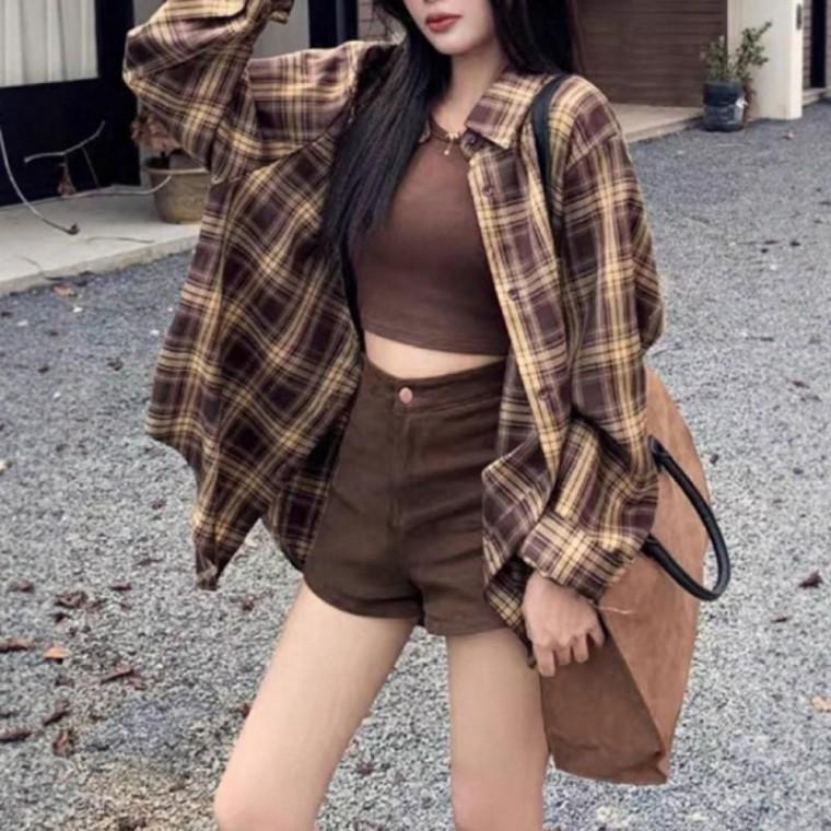 체크 셔츠 여성 오버핏 가을용 긴팔 남방 브라운