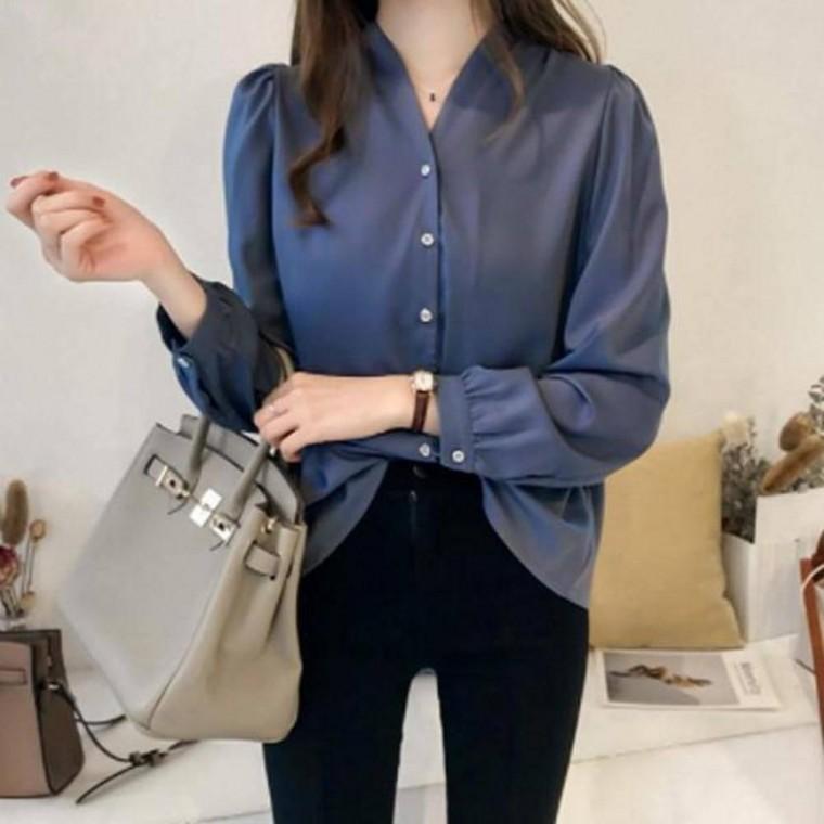 여성 브이넥 셔츠 블라우스 캐주얼 남방 긴팔 데일리 오피스 상의