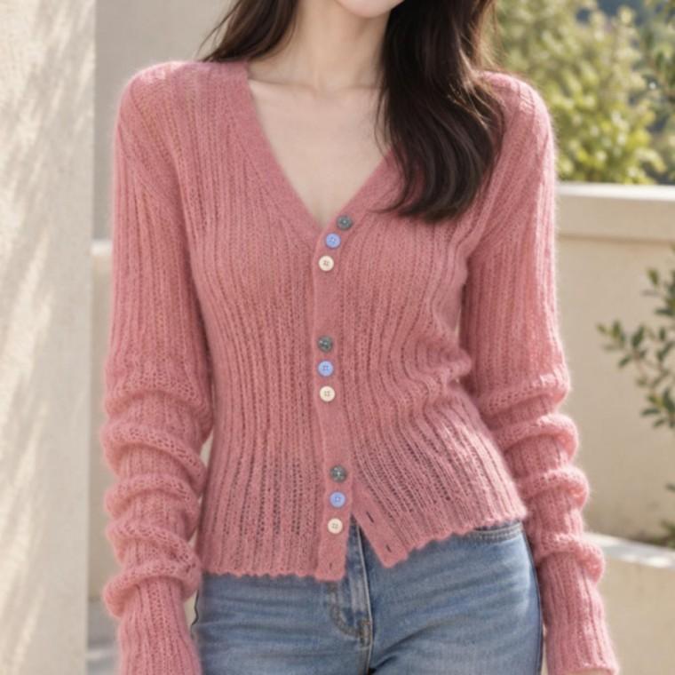 여성 니트 가디건 브이넥 골지 카디건 컬러 버튼 슬림핏 간절기 데일리