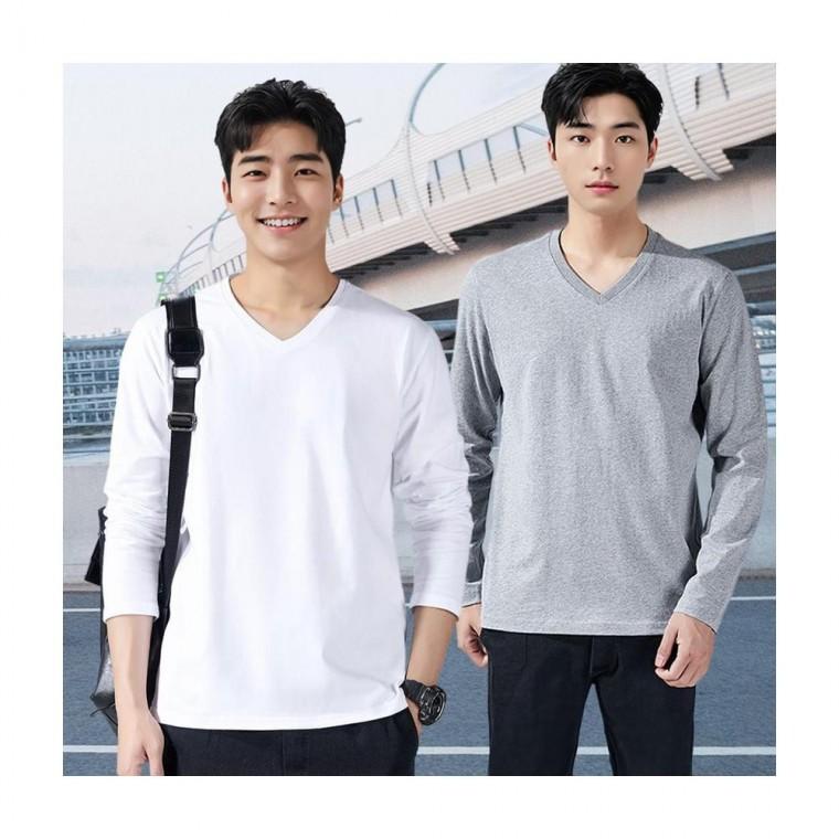 루미나D 남성 V넥 긴팔 티셔츠 흰색 무지 면티 레이어드