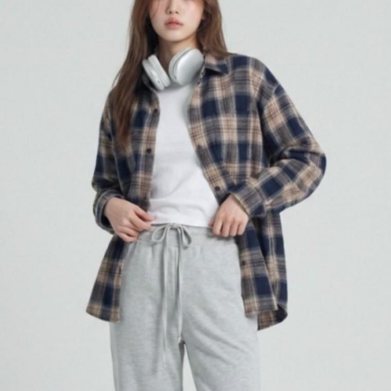 긴팔 면 롱 오버핏 원단 남방 패턴 카라 여성 체크 가을 셔츠