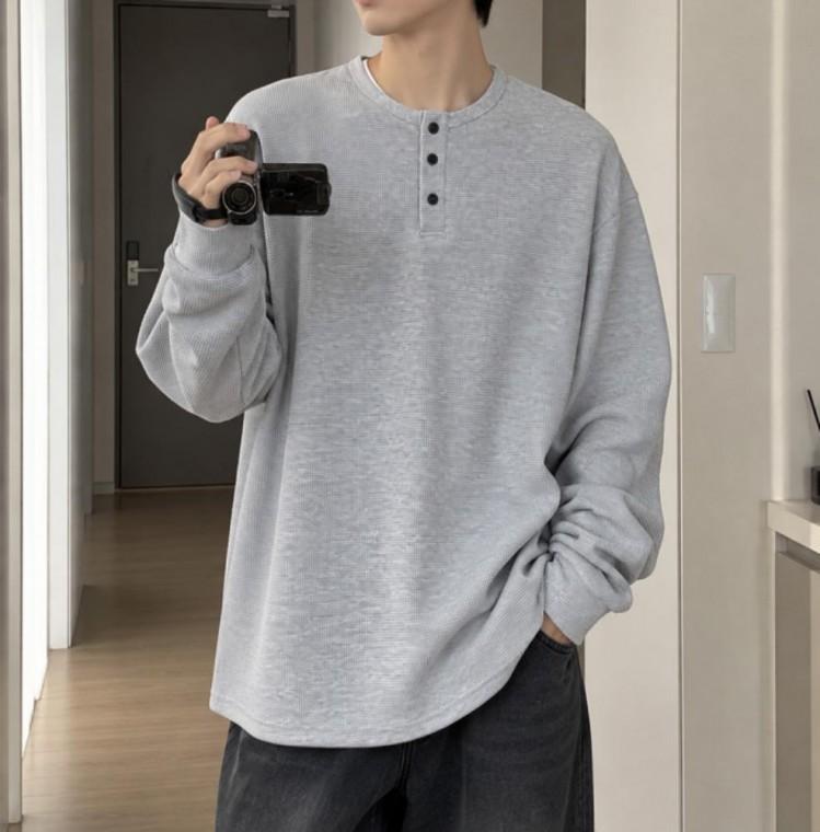 면 남성 혼방 티셔츠 텍스처 가을 긴팔 와플 버튼 헨리넥