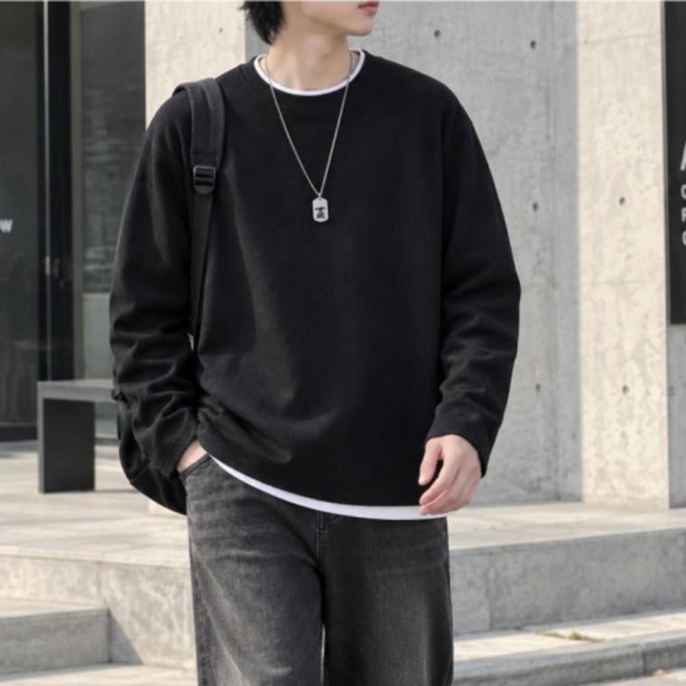라운드넥 남성 와플 혼방 티셔츠 긴팔 텍스처 면 상의 가을