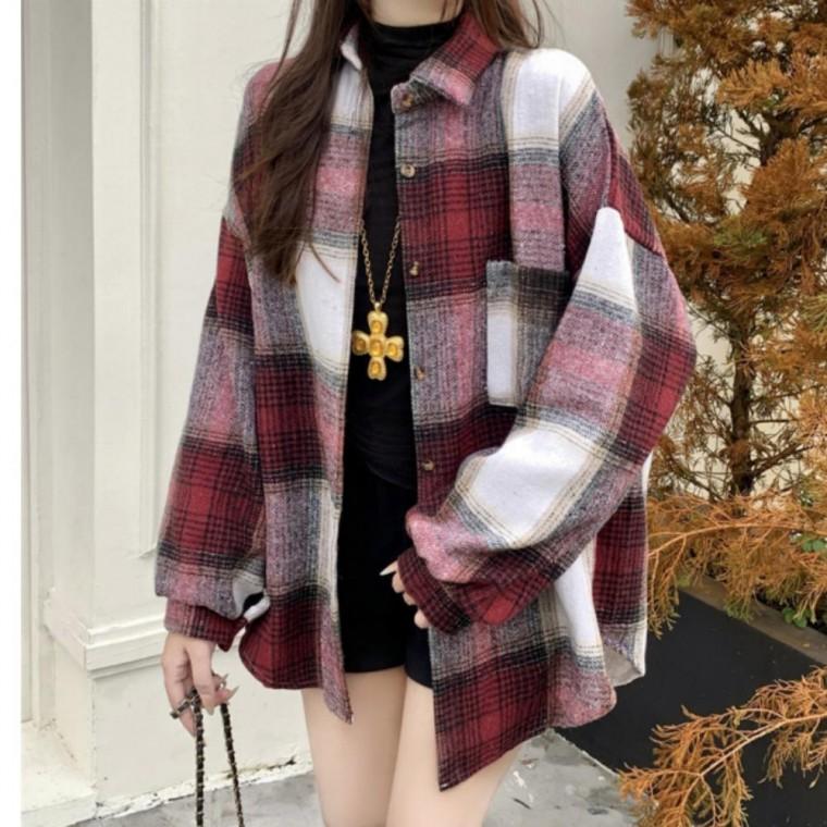 카라 드레스 여성 면 긴팔 패턴 셔츠 레드 오버핏 자켓 체크