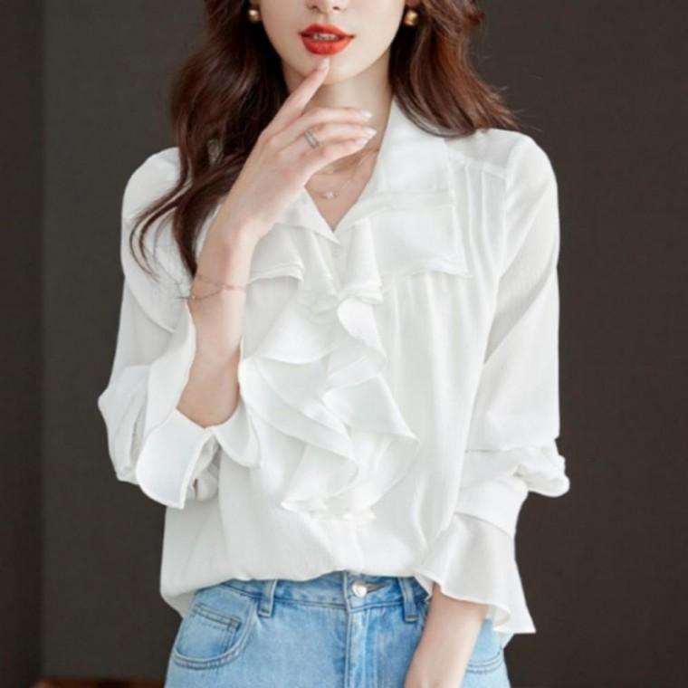봄 라운드넥 폴리에스터 장식 프릴 화이트 여성 원단 블라우스
