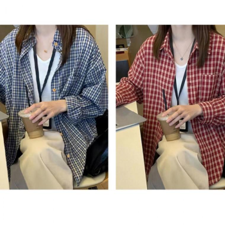 긴팔 카라 남방 혼방 상의 사계절 패턴 여성 면 체크 셔츠