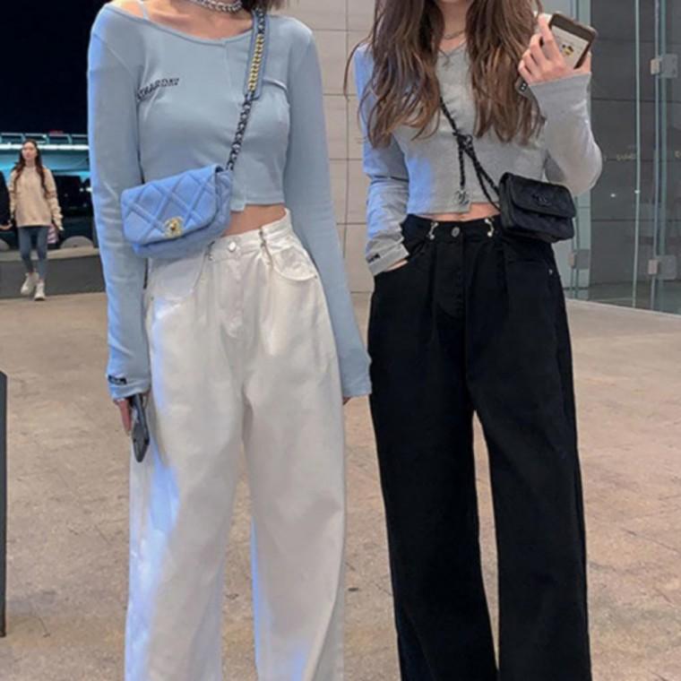 후크 원단 면 여성 가을 긴 바지 팬츠 조절 데님 허리 와이드핏