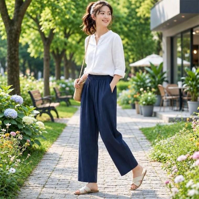 라인 스티치 여성 밴딩 와이드 팬츠 SSH-271