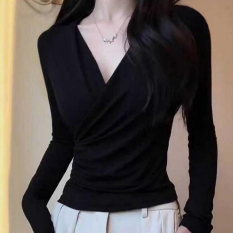 면 여성 긴팔 브이넥 슬림핏 티셔츠 기본티 상의 스판 가을