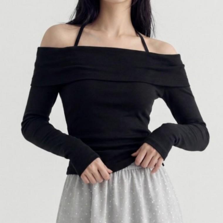 가을 긴팔 오프숄더 스판 슬림핏 상의 티셔츠 홀터넥 면 여성