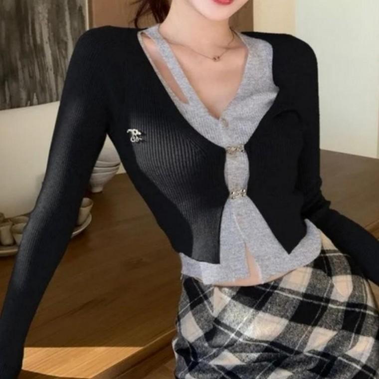 아우터 단추 니트 혼방 면 슬림핏 가디건 긴팔 브이넥 여성 가을
