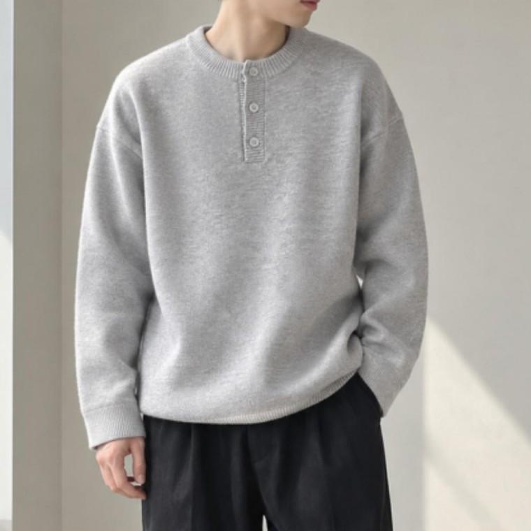 아크릴 긴팔 스웨터 상의 겨울 혼방 버튼 남성 니트 헨리넥