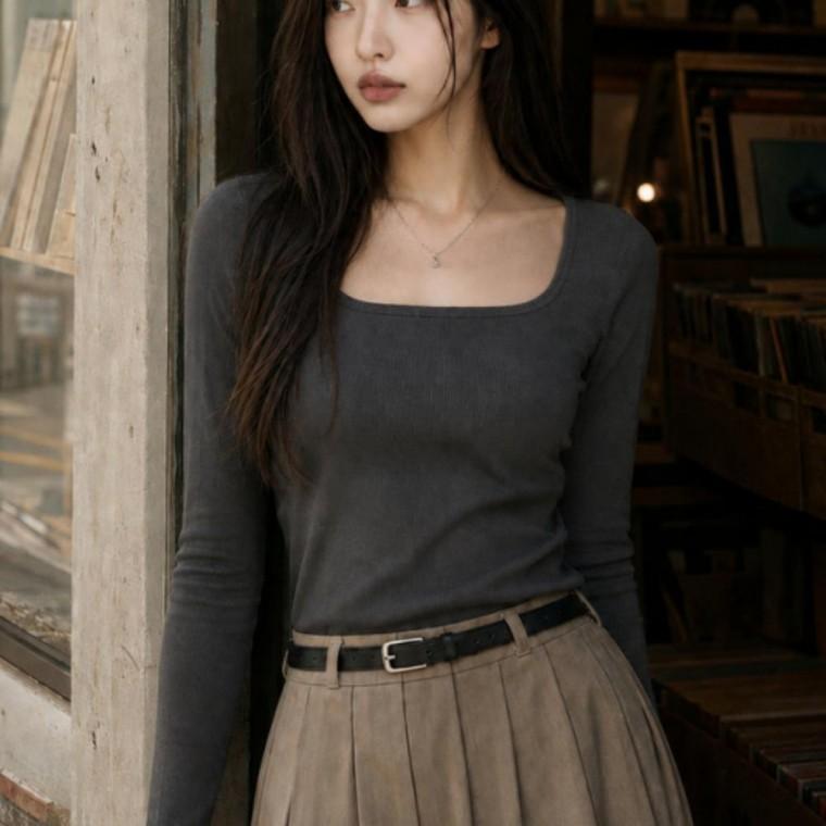 브라캡 면 내장 여성 가을 상의 스판 티셔츠 긴팔 스퀘어넥