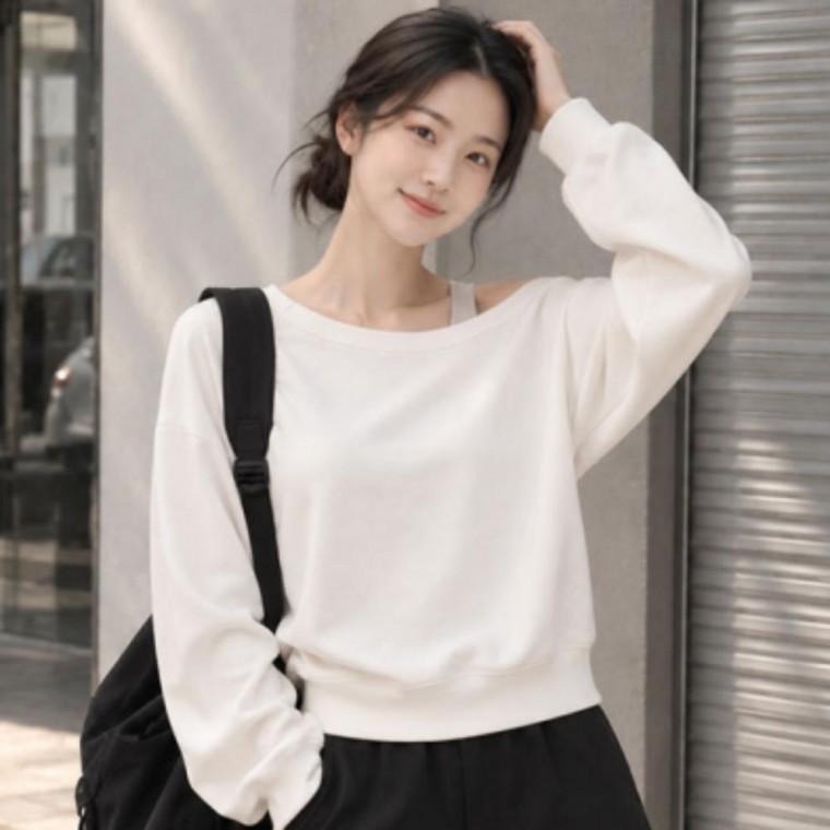 가을 티셔츠 상의 디자인 절개 면 기본티 여성 스판 긴팔 숄더