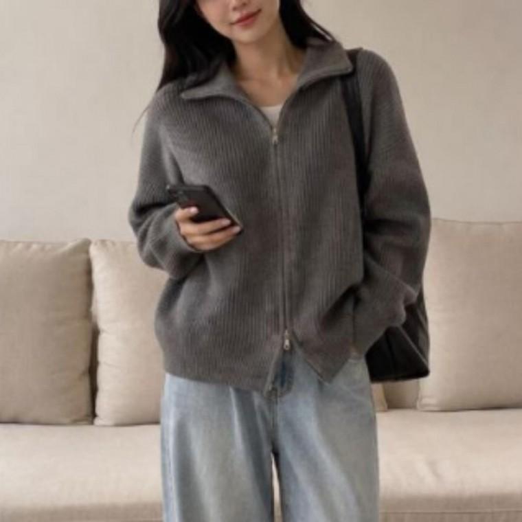 골지 가을 긴팔 여성 면 겨울 하이넥 투웨이 니트 지퍼 아크릴 가디건