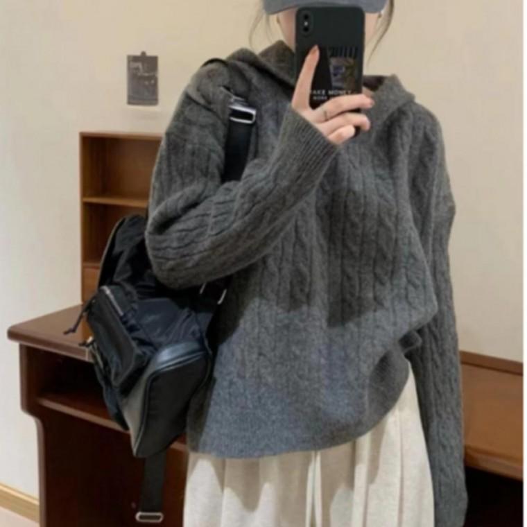 아크릴 꽈배기 케이블 패턴 남녀공용 가을 겨울 긴팔 니트 후드 티셔츠