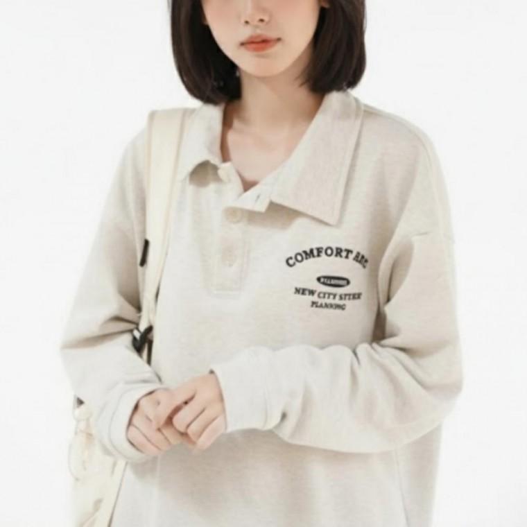 면 혼방 카라 반집업 루즈핏 여성 봄 가을 긴팔 맨투맨 티셔츠