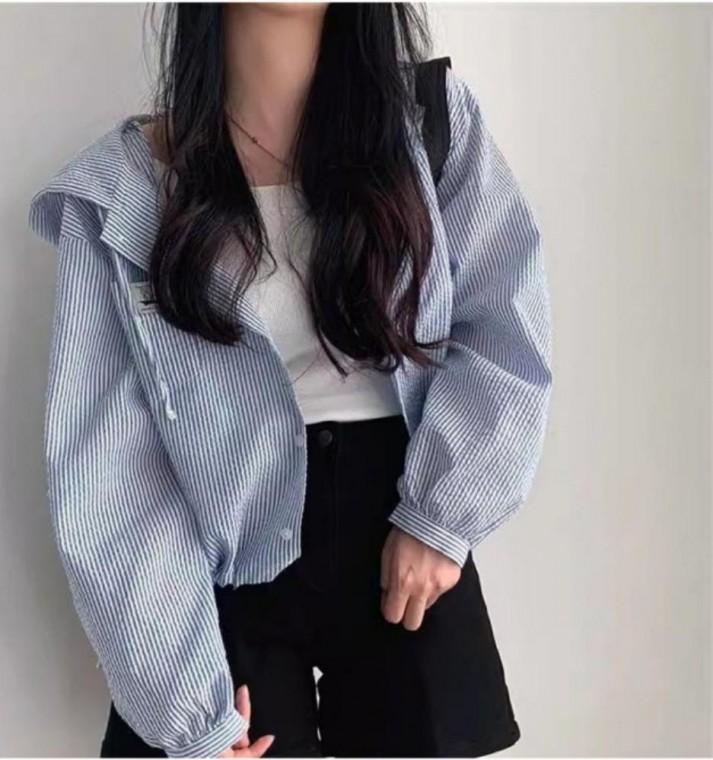 줄무늬 스트라이프 패턴 면 세미 크롭 여성 봄 가을 후드 블라우스 셔츠