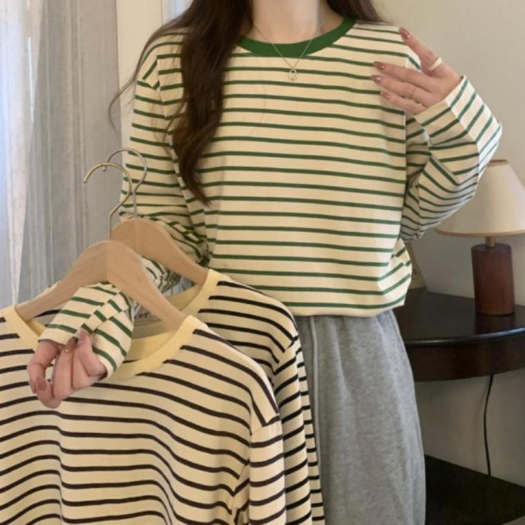 가을 긴팔 패턴 줄무늬 루즈핏 스트라이프 여성 상의 티셔츠 면