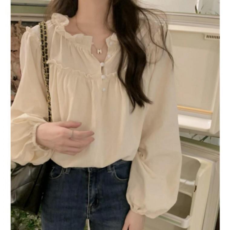 쉬폰 여성 밴딩 단추 블라우스 프릴 진주 카라 긴팔 소매