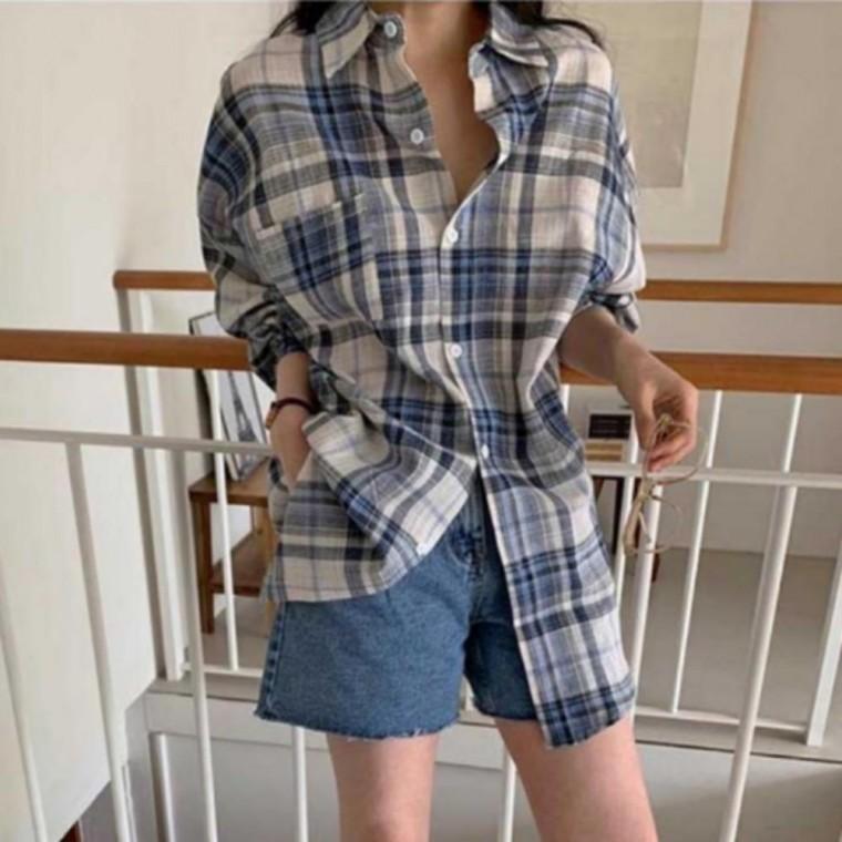 면 오버핏 남방 남녀공용 가을 긴팔 체크 패턴 루즈핏 셔츠