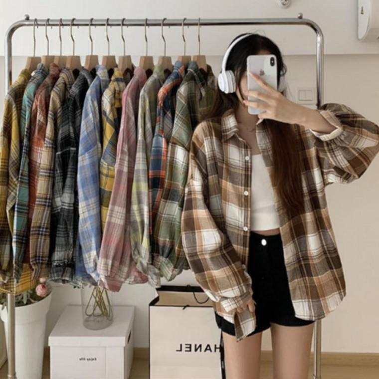 체크 루즈핏 여성 패턴 카라 셔츠 가을 봄 남방 면 드레스 긴팔