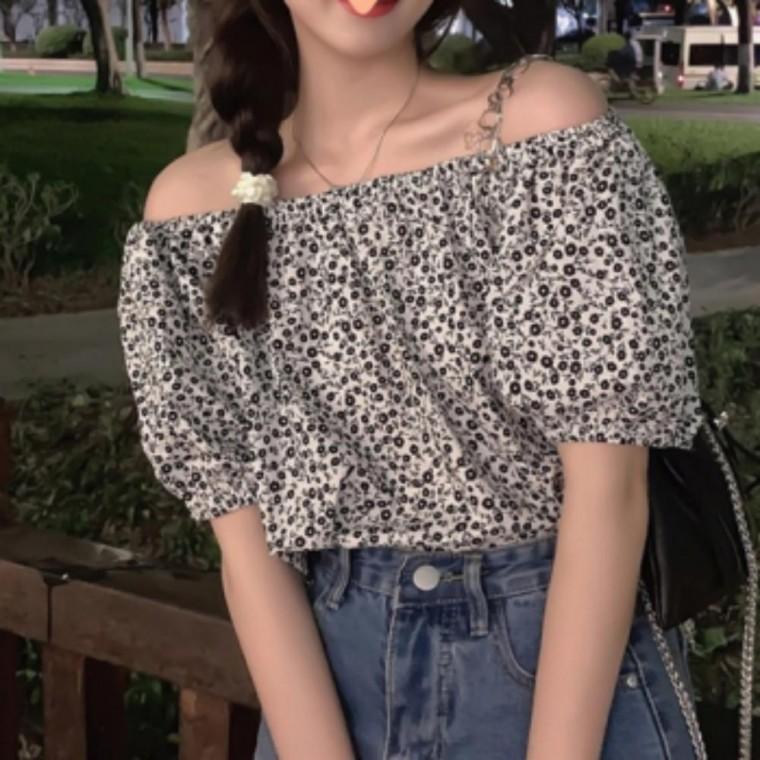긴팔 밴딩 셔츠 오프숄더 페미닌블라우스 휴양지룩 허리 꽃나염블라우스 블라우스 여성 플라워 패턴