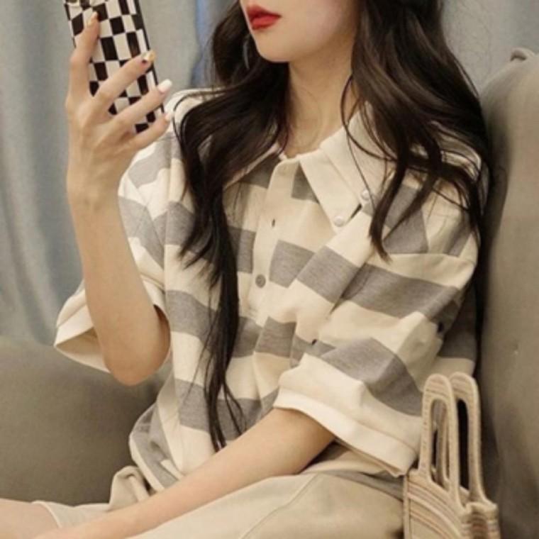 캐주얼 티셔츠 반팔 여성 상의 의류 스트라이프 오버핏